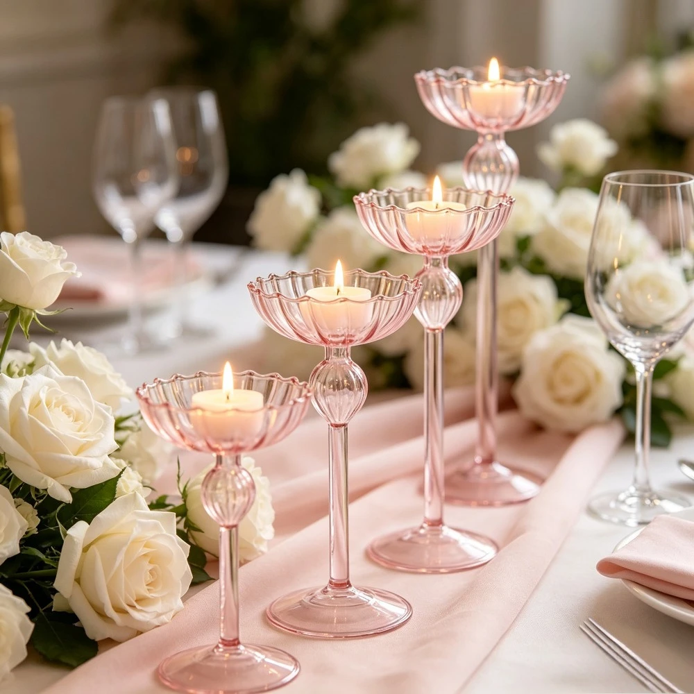 European Style Clear Glass Tealight Candle Holders Flower Shape Candlesticks Home Living Room Wedding Party Tabletop Decoration