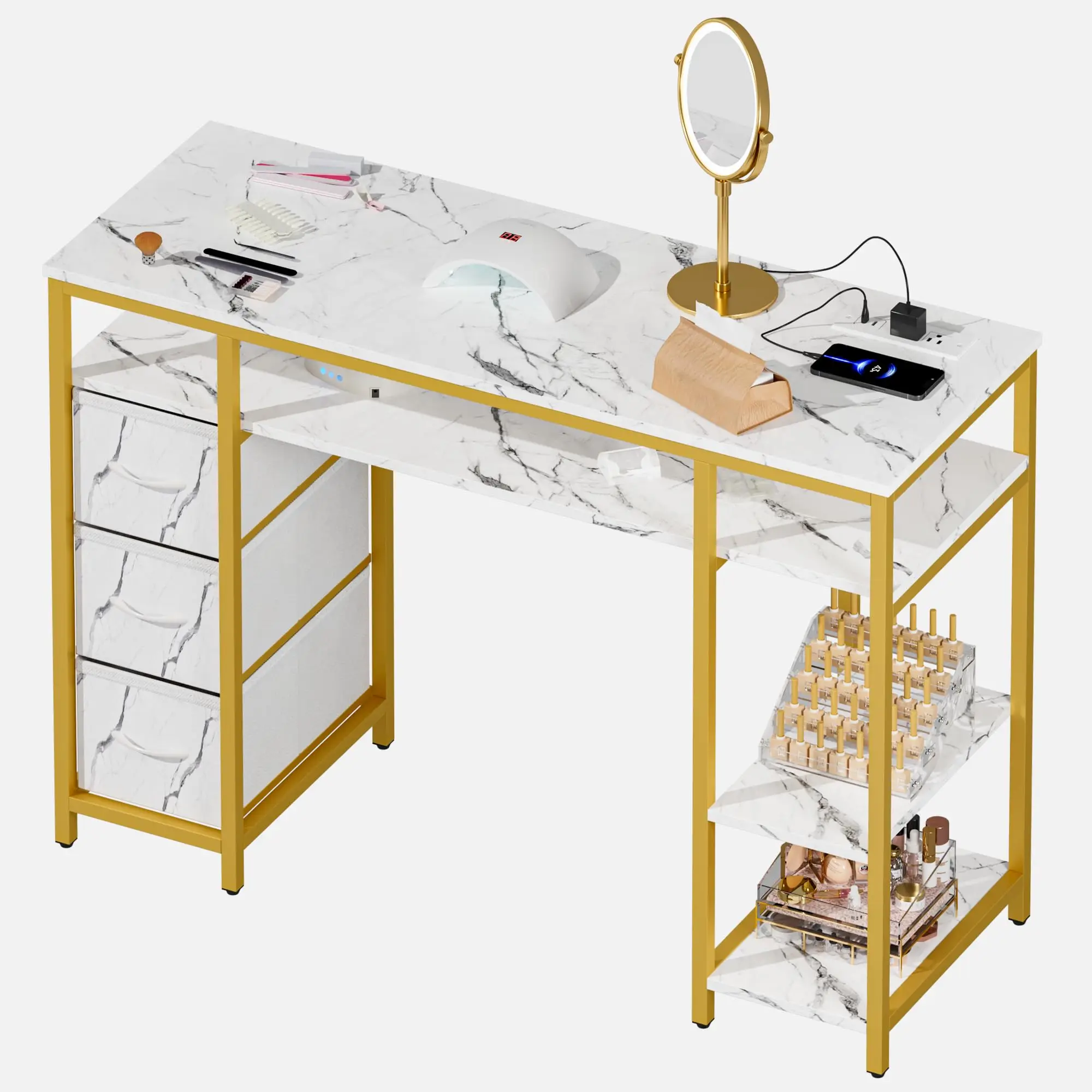 Marbling Texture Manicure Table - Nail Desk with Storage and Power Outlet, Nail Table for Nail Tech, Manicure Desk with
