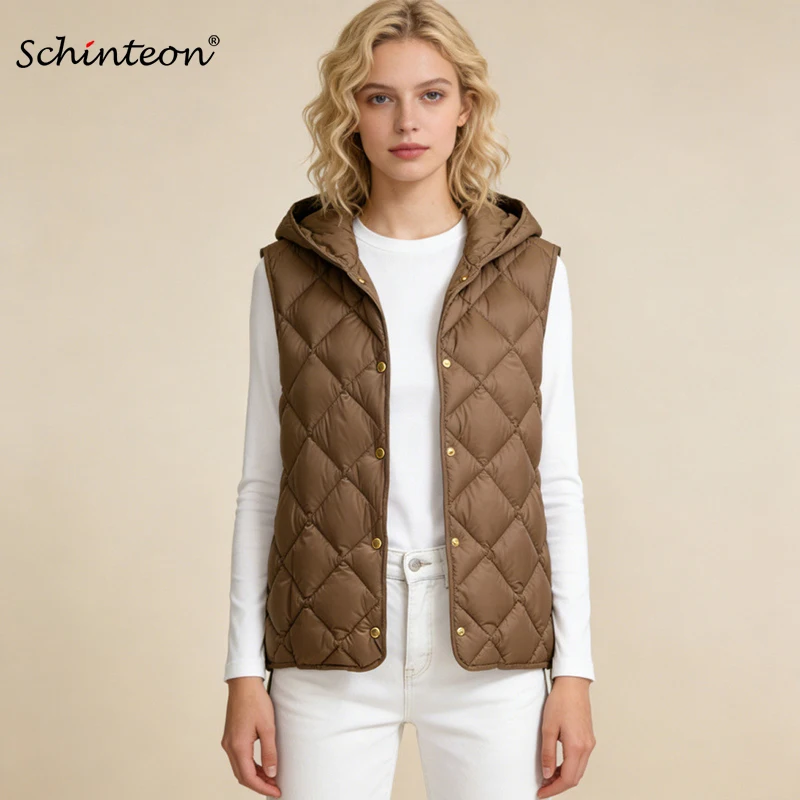 Schinteon Women 90% White Duck Down Vest Casual Sleeveless Jacket with Hood Argyle Simple Fashionable Autumn Winter Top New 2026