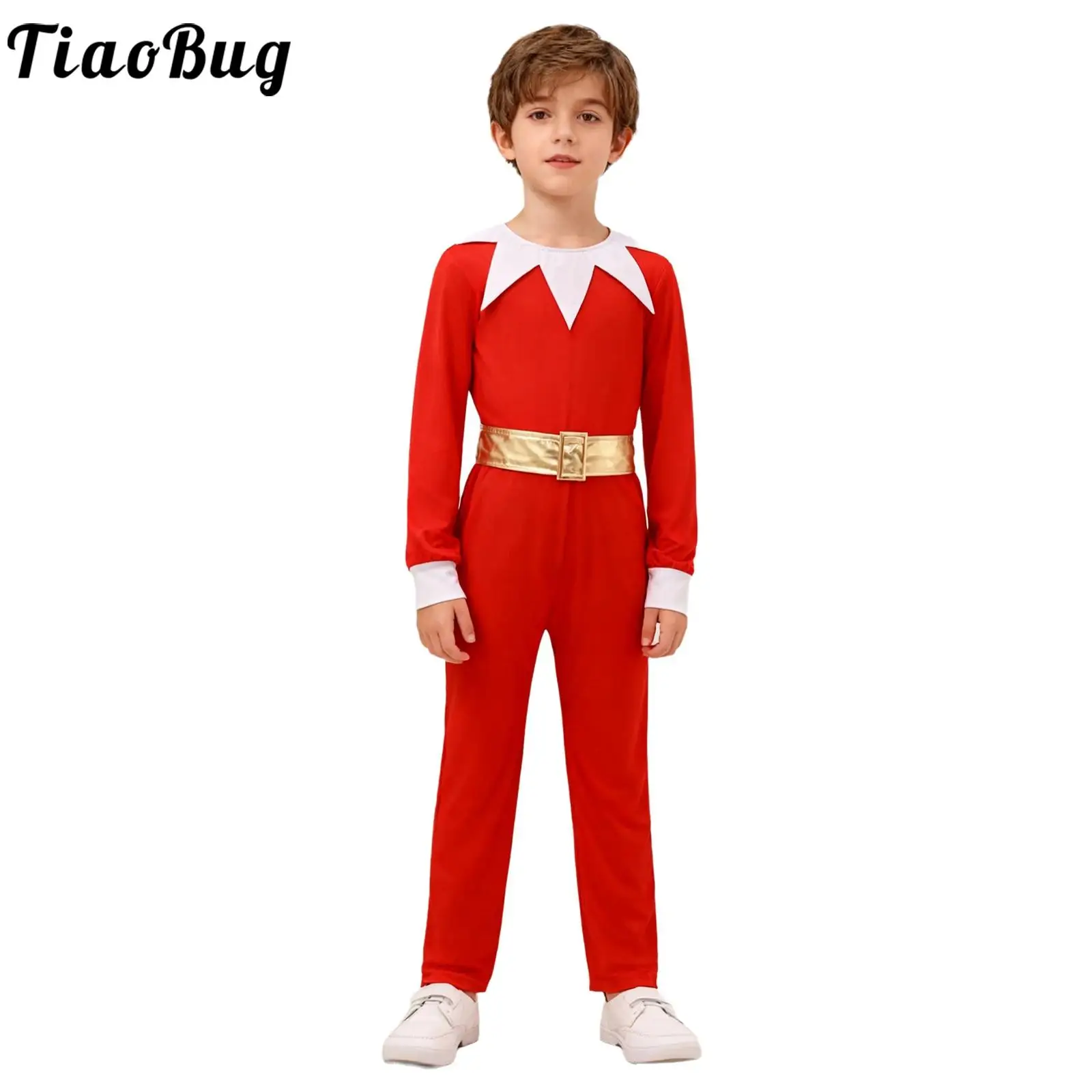 Boys Girls Christmas Elf Santa Claus Helper Cosplay Long Sleeve Jumpsuit with Metallic Waistbelt for New Year Festival Party