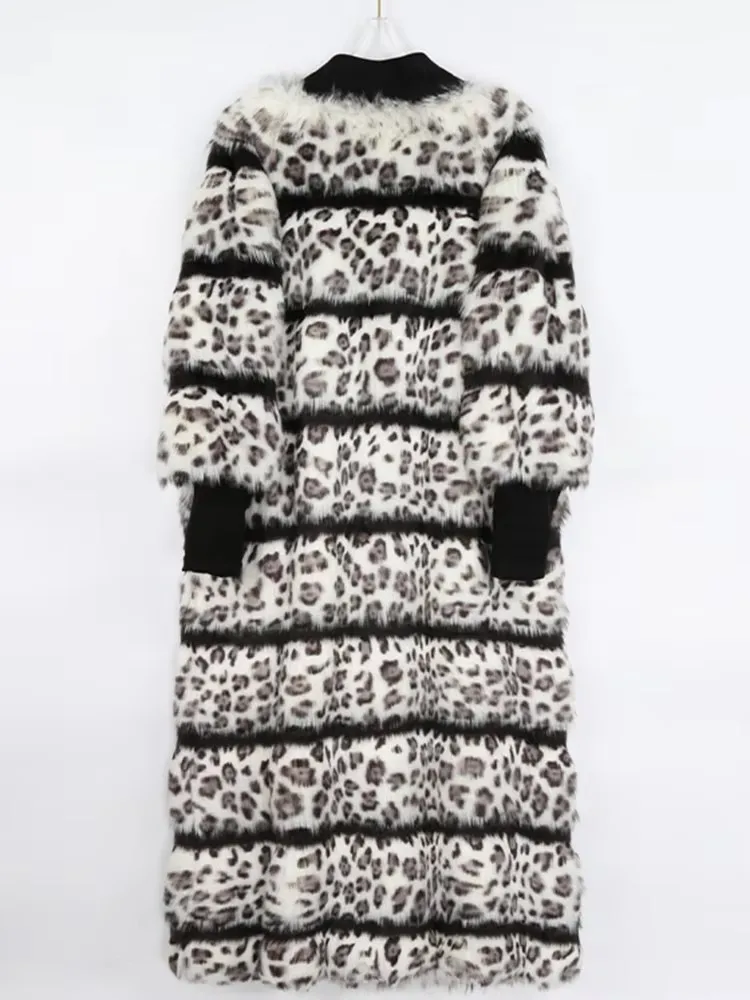 

Nerazzurri Winter Long Striped Warm Colorful Leopard Print Fluffy Hairy Faux Fur Coat Women V Neck Loose Luxury Designer Clothes
