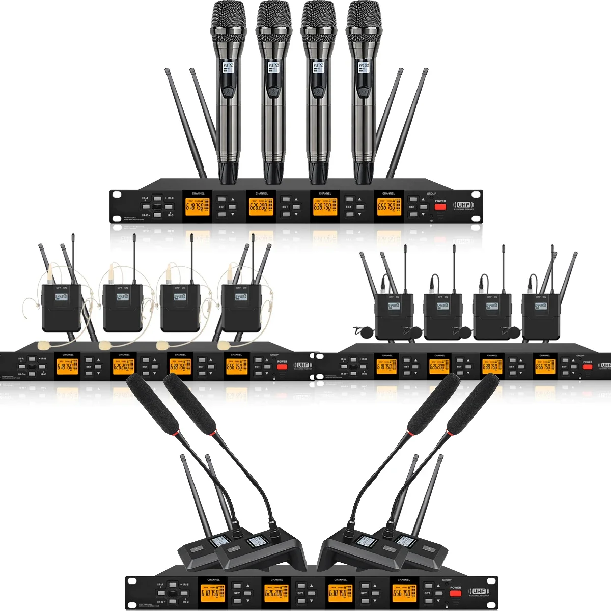 

Профессиональная 4 ручная гарнитура, петличная беспроводная микрофонная система, 200 каналов, регулируемая частота, 200 м, большие расстояния