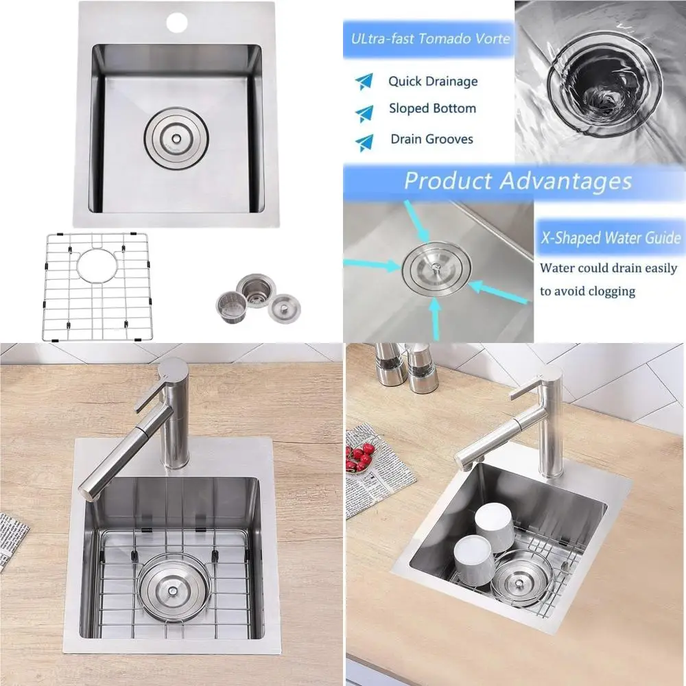 

Stainless Steel Single Bowl Drop-In Bar Sink, 15x17 Inches, Brushed Nickel Finish, Kitchen Prep Sink for Small Spaces