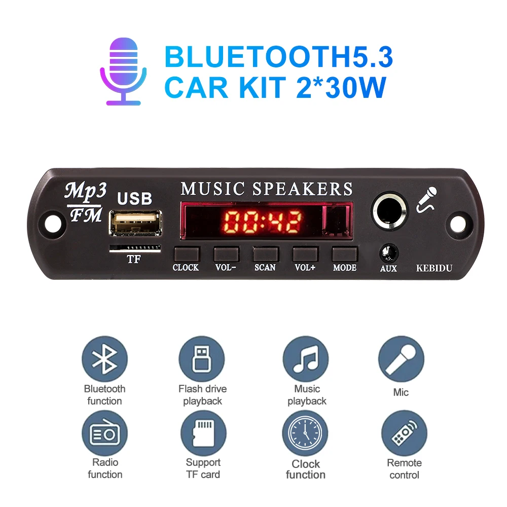 30W 60W Amplifier DIY MP3 Decoder Board 6.5mm Microphone 12V Car MP3 Player Bluetooth 5.0 FM Radio TF AUX USB Handsfree Record