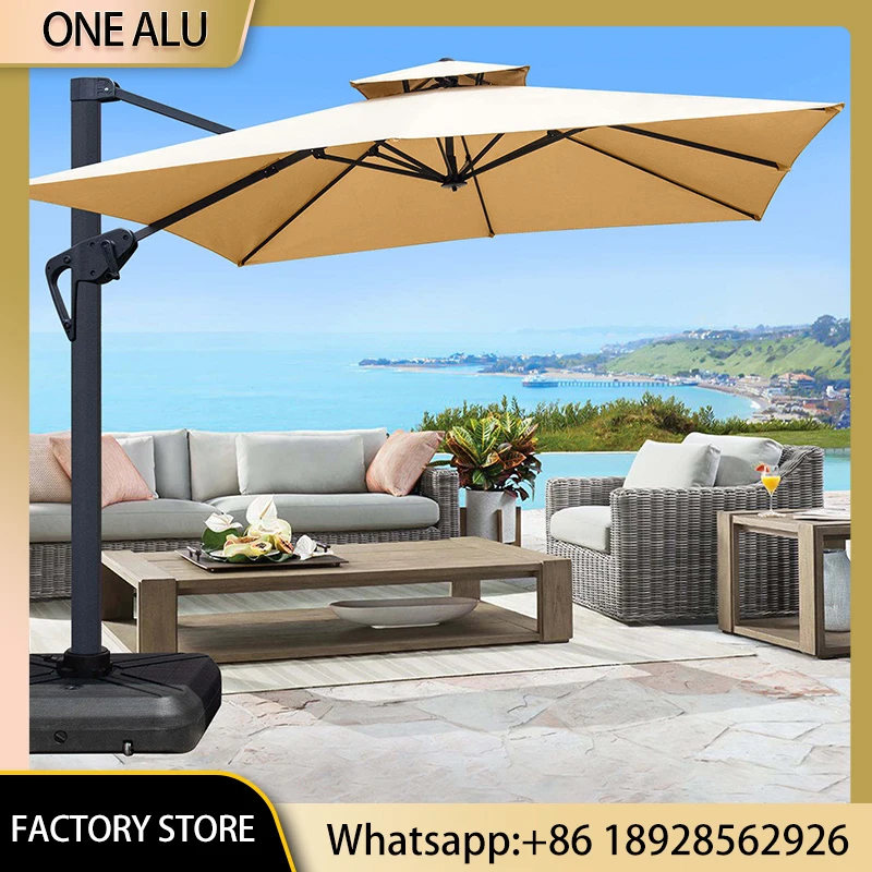 3x3m Square Double Tier Patio Umbrella, Waterproof Outdoor Parasol with Crank & Base, UV50+ for Garden & Terrace