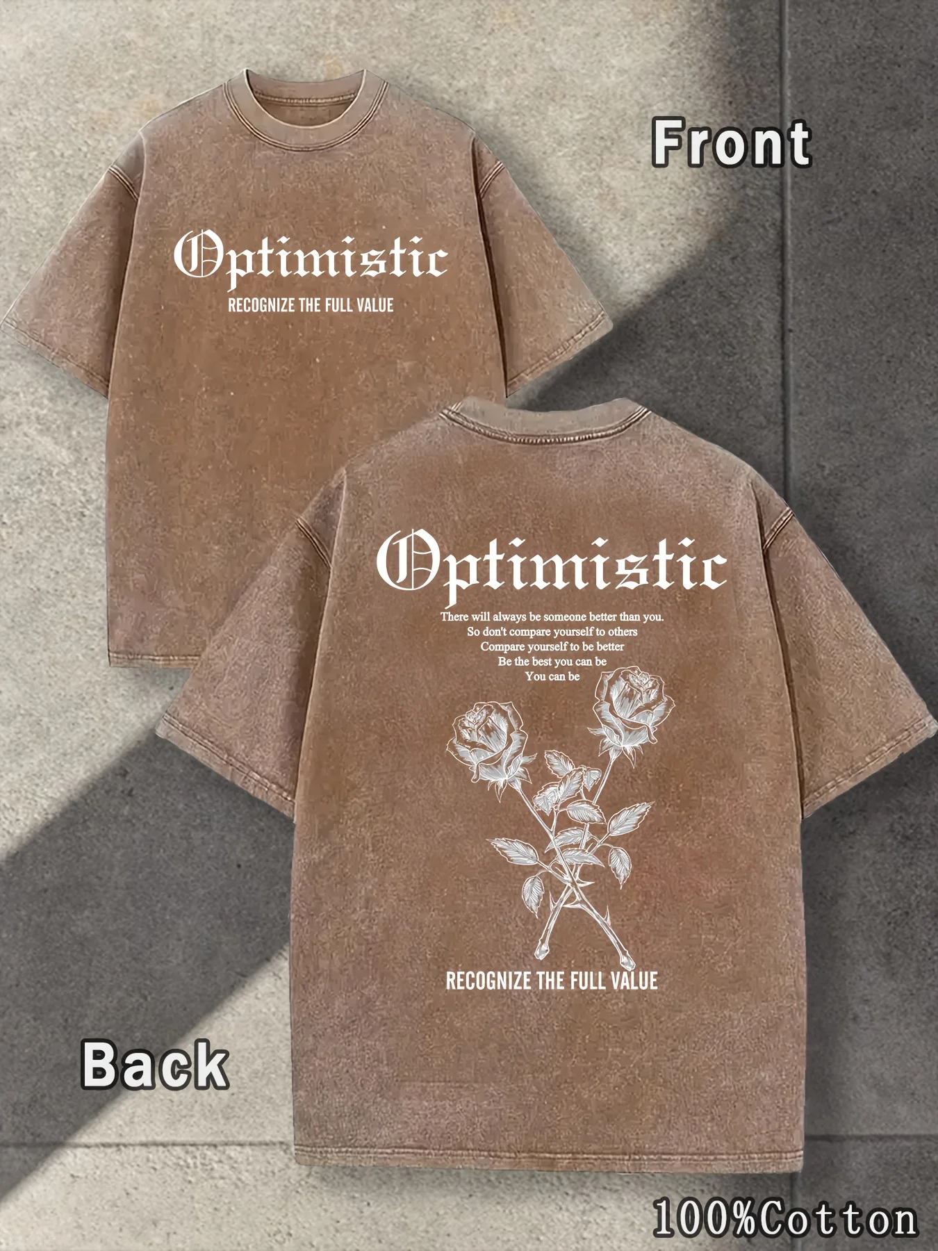 

Optimistic rose letter pattern double-sided printing, retro washed cotton men's T-shirt, short sleeved top streetwear