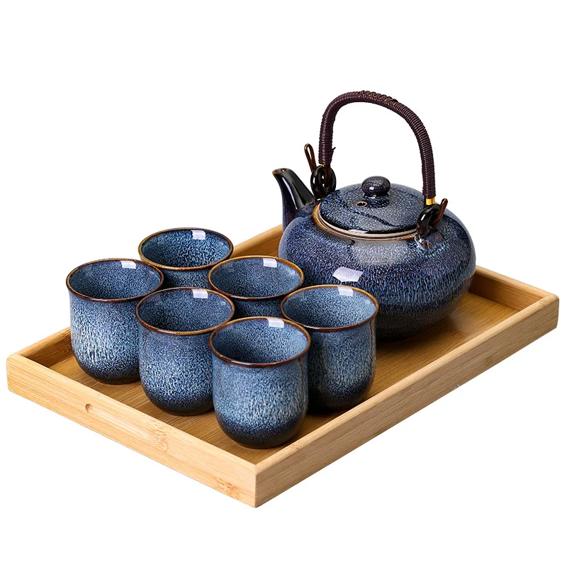 Large Capacity Teapot Tea Set Household Japanese Simple Kungfu Tea Set 1 Pot 6 Cups Glazed Ceramic Tea Set Teapot Teacup LE189