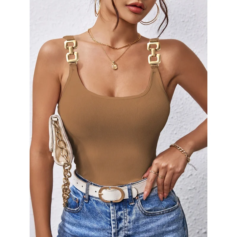 Ribbed Knit Top with Chain Detail - Off Shoulder, Solid Color, Sleeveless, Stretchy & Breathable