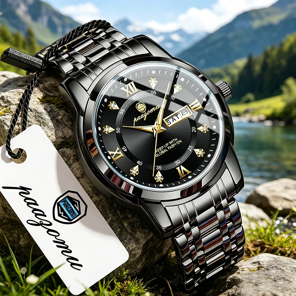 

PAAZOMU Classic Black Quartz Watch, Luminous Hands, Diamond Dial, Stainless Steel Strap for Daily Wear Men's Watches Reloj+Box