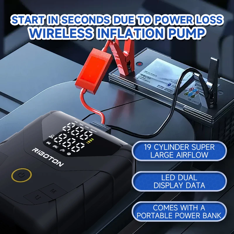 Batteria a lunga durata, pompa di gonfiaggio portatile per pneumatici a LED, avviamento con ponticello batteria di emergenza e compressore d'aria 2 in 1