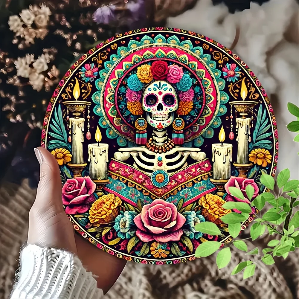 لافتة معدنية من الألومنيوم على شكل جمجمة La Catrina - فن جداري يوم الموتى للمنزل والبار والمقهى والمزرعة - هدية مثالية للعطلات #4