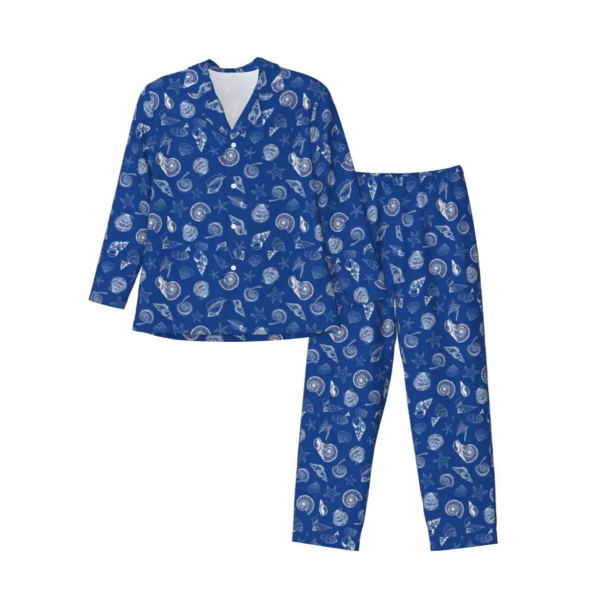 Pyjama Mannen Zeeschelpen En Zeester Dagelijkse Nachtkleding 2-delige Casual Pyjama Set Lange Mouwen Zachte Oversized Thuis Pak