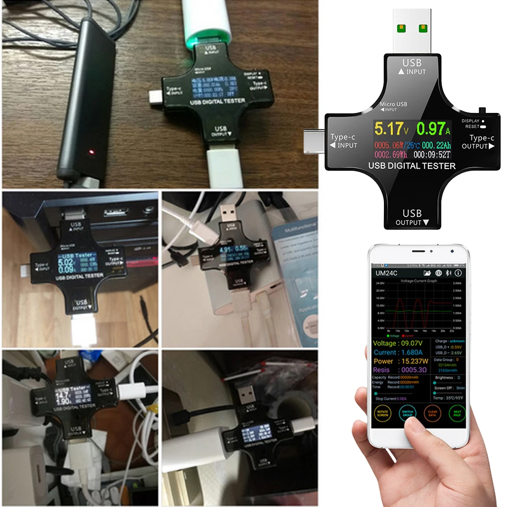 

Цифровой тестер USB Type-C с цветным дисплеем, вольтметр-амперметр для измерения напряжения и тока, детектор напряжения и тока USB