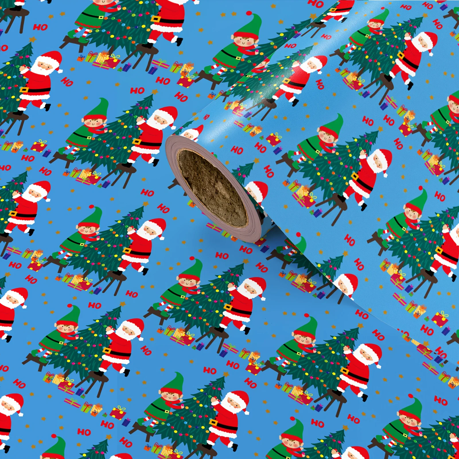 1 Roll of Christmas Wrapping Paper |   Blue Background Santa Claus and Elf Decorative Christmas Tree Pattern Suitable for Christmas Gift Wrapping, Holiday Decorations, Party Arrangements, and Handmade Creations - 43cm × 500cm (17inch × 16.4 Feet)