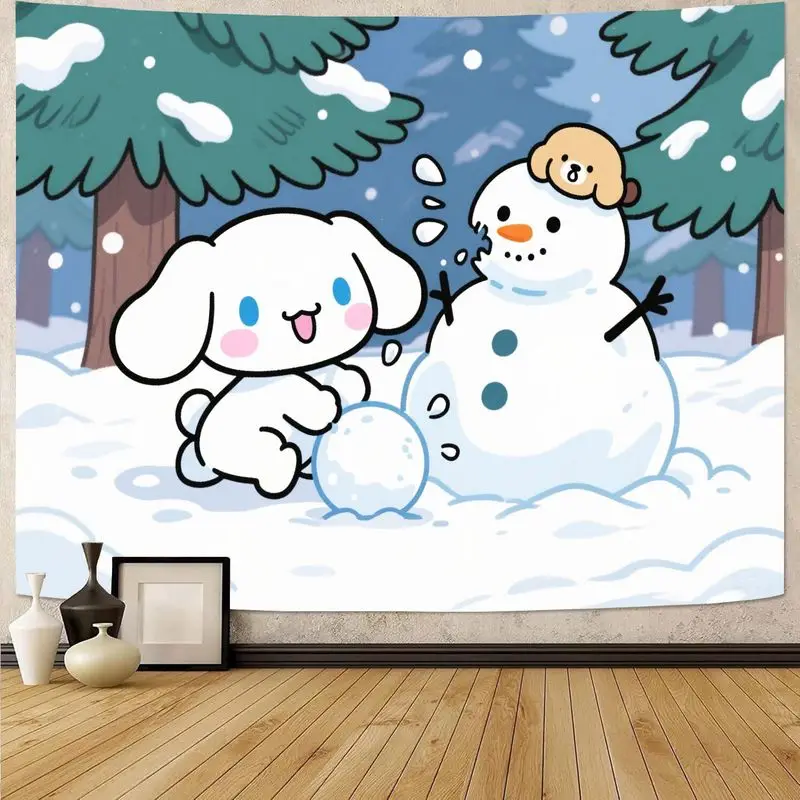 

1PC Sanrio Cinnamoroll Winter Snowman Building Tapestry, Kawaii Cute Aesthetic Wall Art for Girls Room, Polyester Bedroom Home D