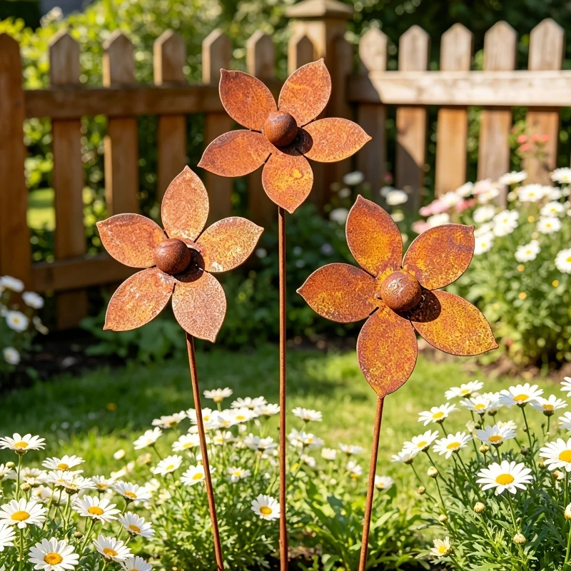Décoration de jardin en métal rustique avec fleurs en métal rouillé, idéale pour le jardin, la cour, la pelouse, la terrasse et la décoration extérieure.
