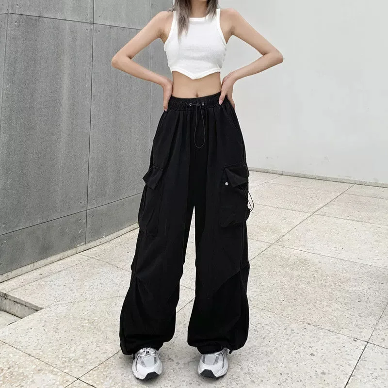 Women Drawstring Elastic Waist Cargo Pants Multi Side Pockets Loose Wide Leg Adjustable Ankle Trousers Dance Streetwear Casual