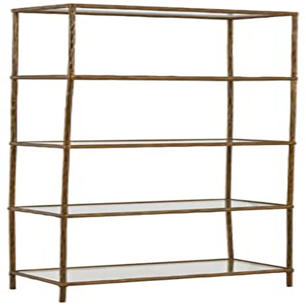 Modern 5 Shelf Bookcase Antique Brass Finish Contemporary Aluminum Glass Shelves Casual Display Office Living Room Library Study