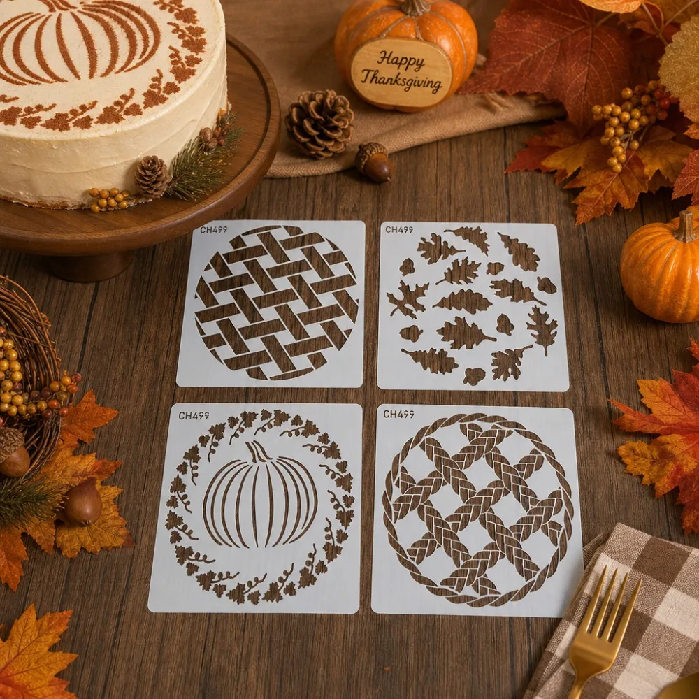 4Pcs Fall Cake Stencil Set, Food‑Grade PET Pumpkin Wreath Oak Leaf Lattice Braid Template for Cake Cookie Latte Party Decor