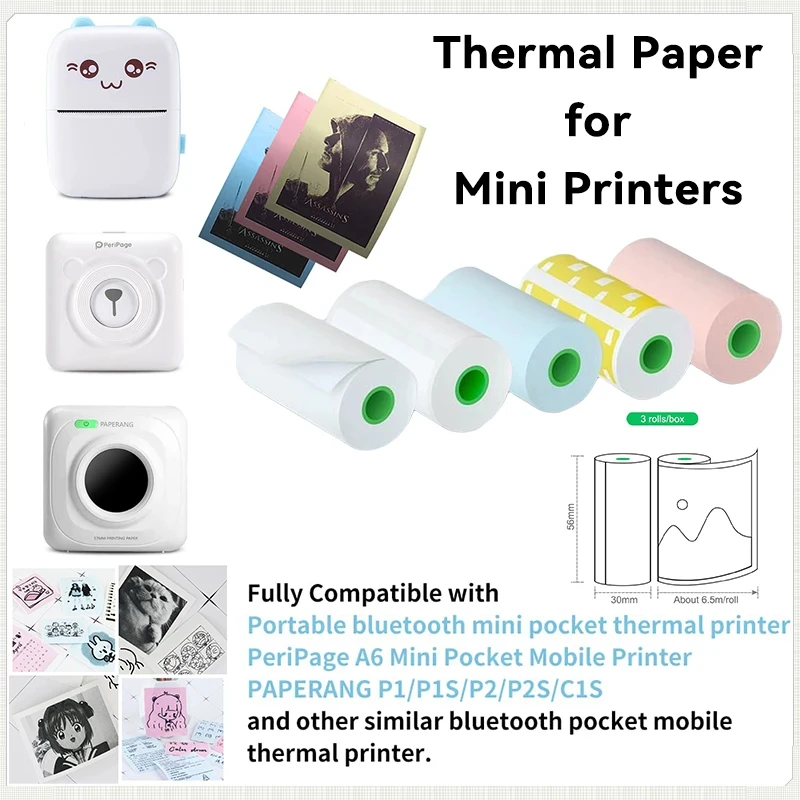 Thermal Paper HD Mini  Labels Sticker Colors Photo Papers 56mm Rolls For PeriPage Paperang Meow Phomemo Niimbot Portable Printer