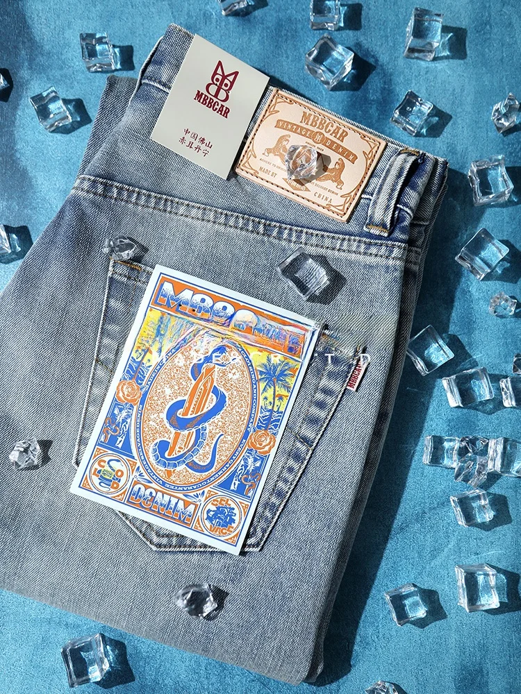 

MBBCAR Cool Series Blue Washed 116OZ Denim Fabric Narrow Straight Leg Jeans Youth Summer Wear Resistant Micro Elastic