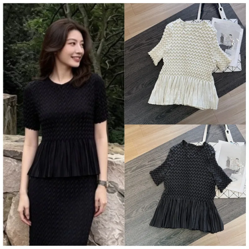 Miyake Pleated T-Shirt Plisse Women 2026 Summer New High-End Pleats Short-Sleeve Top Design Sense Patchwork Slim Fit Slim Effect