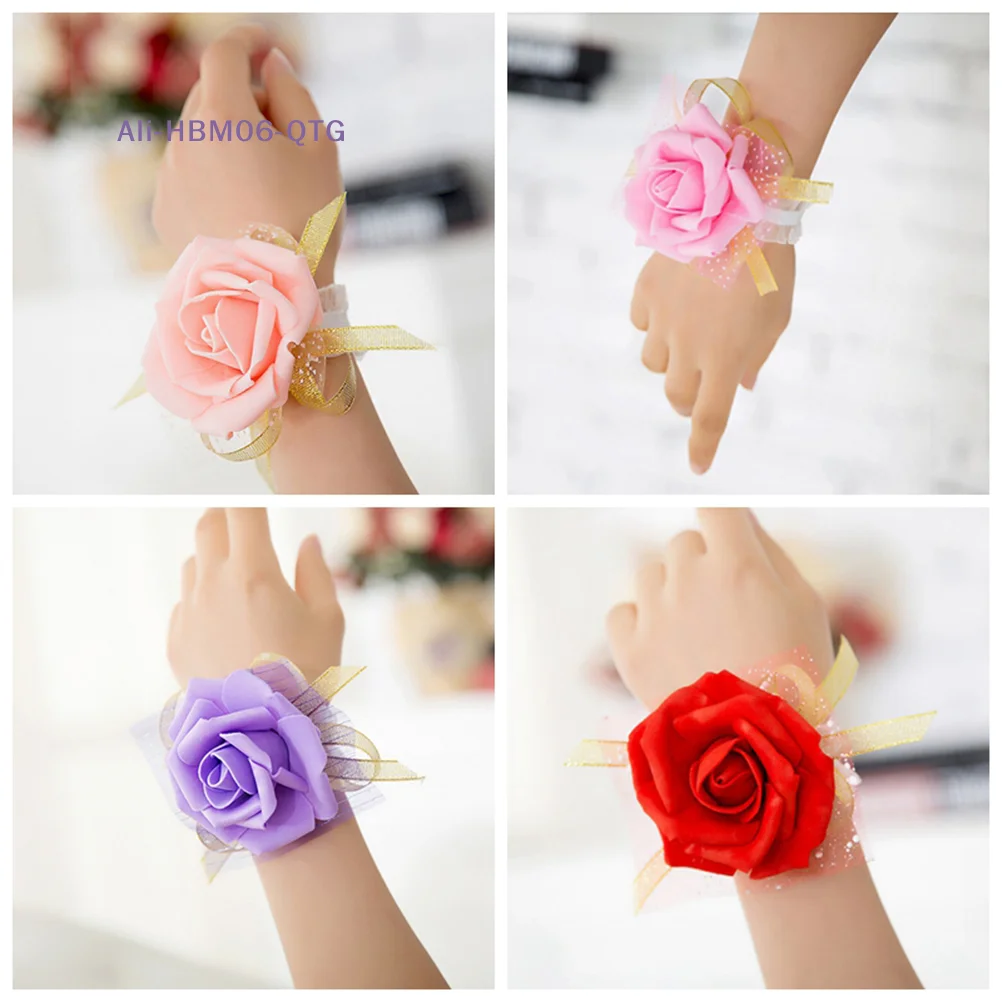 [New] New Bridesmaid Wrist Corsage Wedding Party Rose Bracelet Silk Flowers Ribbon