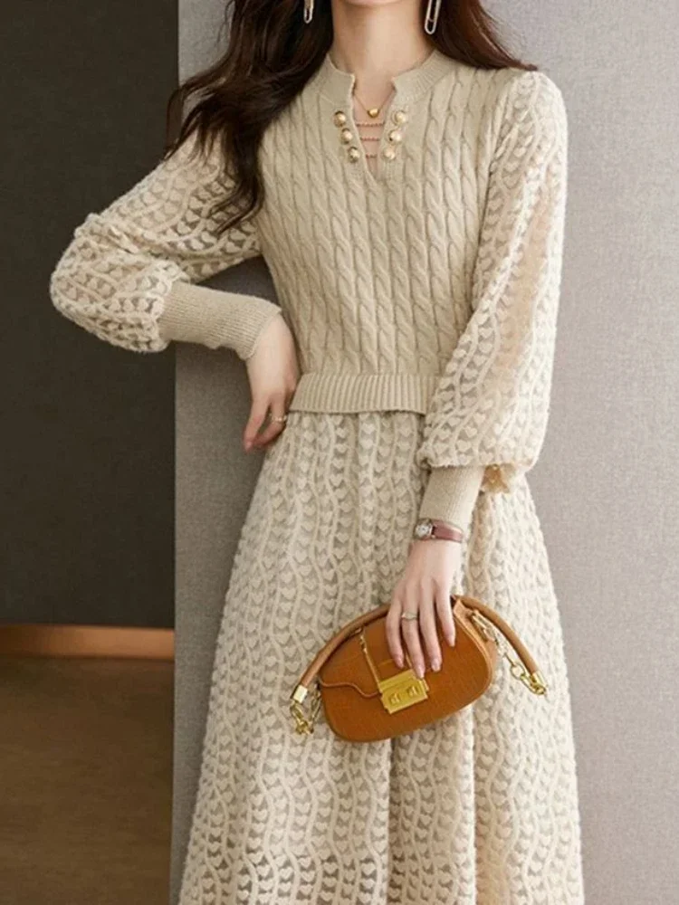 

NMZM Women's Dress Autumn/Winter Patch Knitted Dress New Knitted Sweater Dress Long Sleeve Dress Women's Clothing