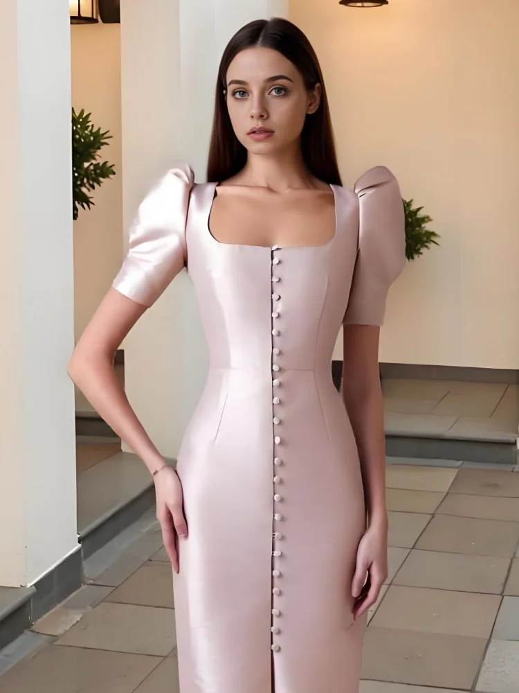 

Beshinel розовые атласные вечерние платья с квадратным вырезом по индивидуальному заказу, элегантные винтажные длинные платья с пышными рукавами и пуговицами, Vestidos Robes De Soirée