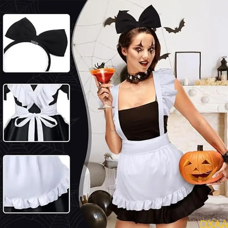 

DXAA Halloween Women Maid Costume Apron Ruffled Apron Dress with Maid Headband
