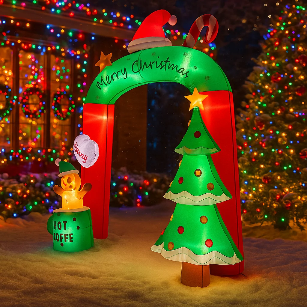 2.7M/8.8FT Opblaasbare Kerstboog Boom Koffiekopje Verlichting LED Home Decor Speelgoed Yard Xmas Ornamenten Vakantie Decor levert