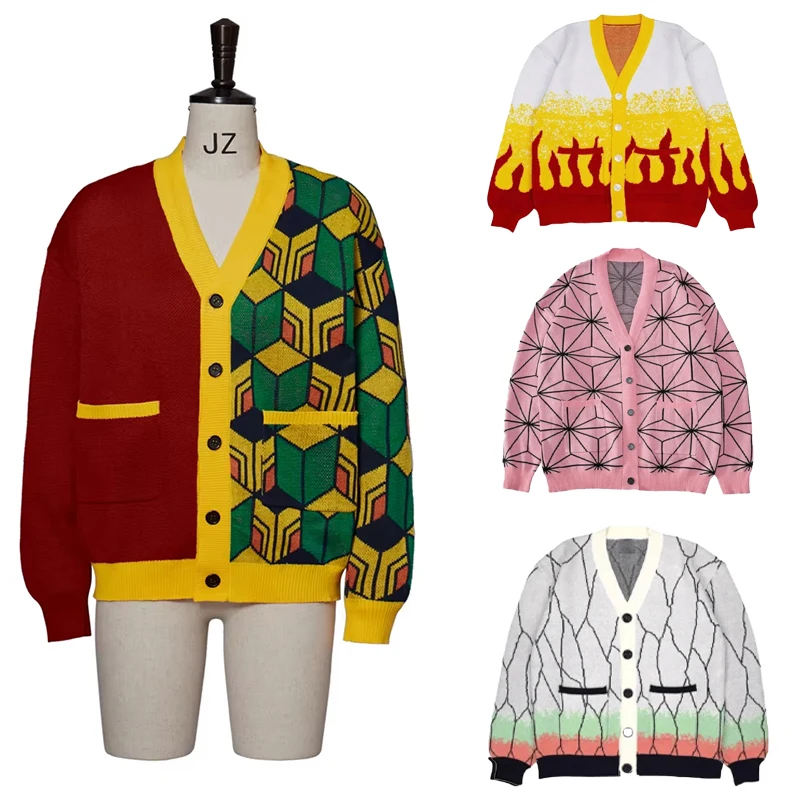 Demon Slayer Tomioka Giyuu Unisex Strickpullover Warme Strickjacken V-Ausschnitt Pulloverjacke Langer Strickcardigan Cosplay-Oberteil