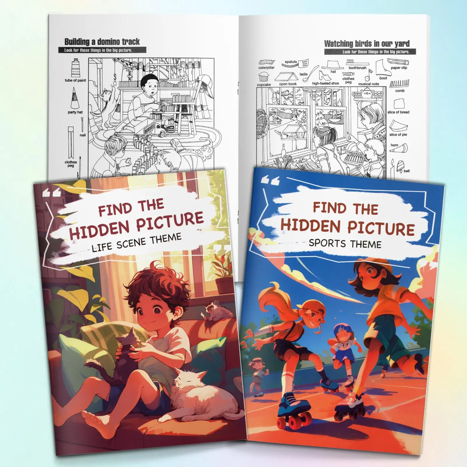 2-Book Find the Hidden Picture Activity Book Set for Kids, Life Scene and Sports Themes, Look-and-Find Puzzles, Visual Search