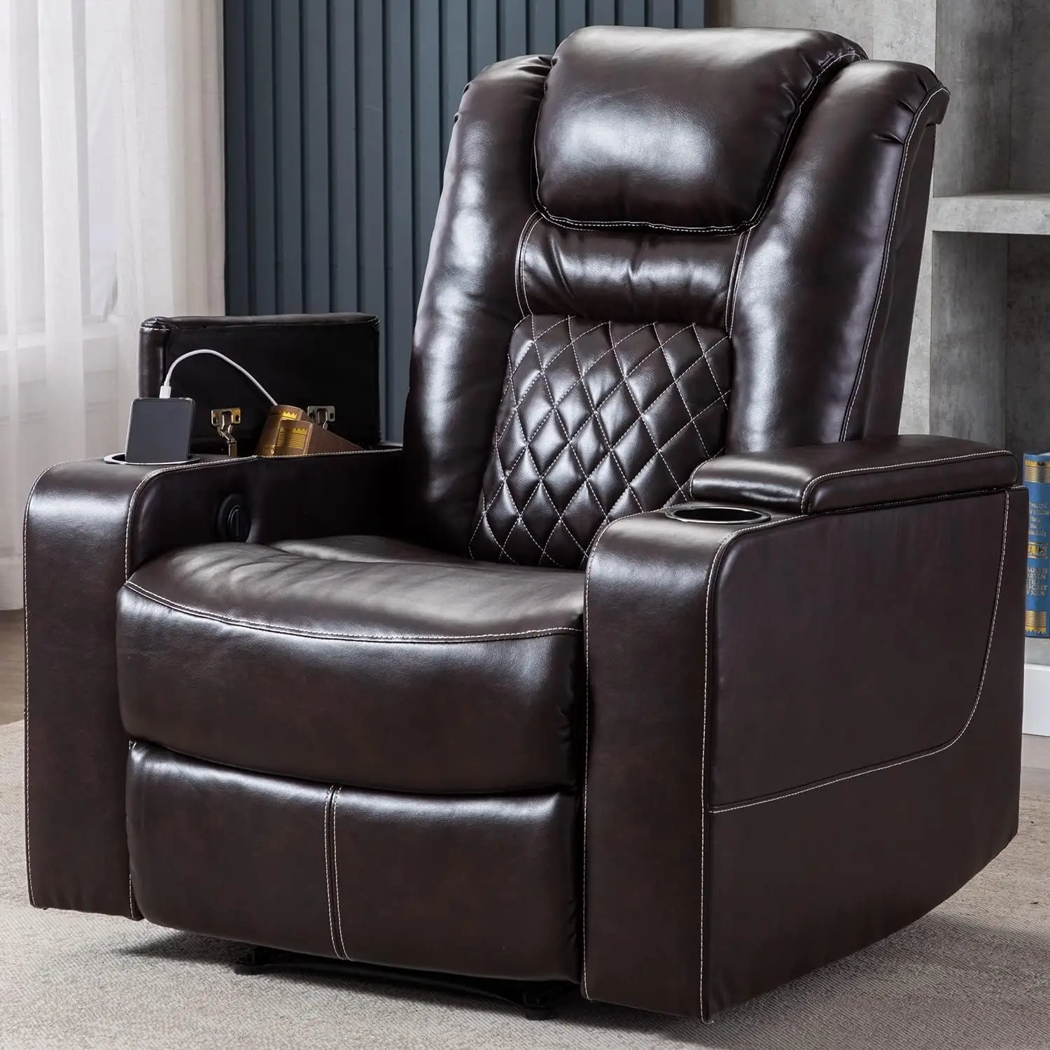 Electric Power Recliner Chair with USB Ports and Cup Holders, Breathable Leather Home Theater Seating with Hidden Arm Sto