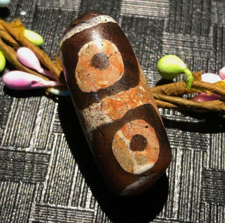 Magic Tibetan Old Agate Dragon Skin Red color 4Eye Totem dZi Bead 14*34mmC1911