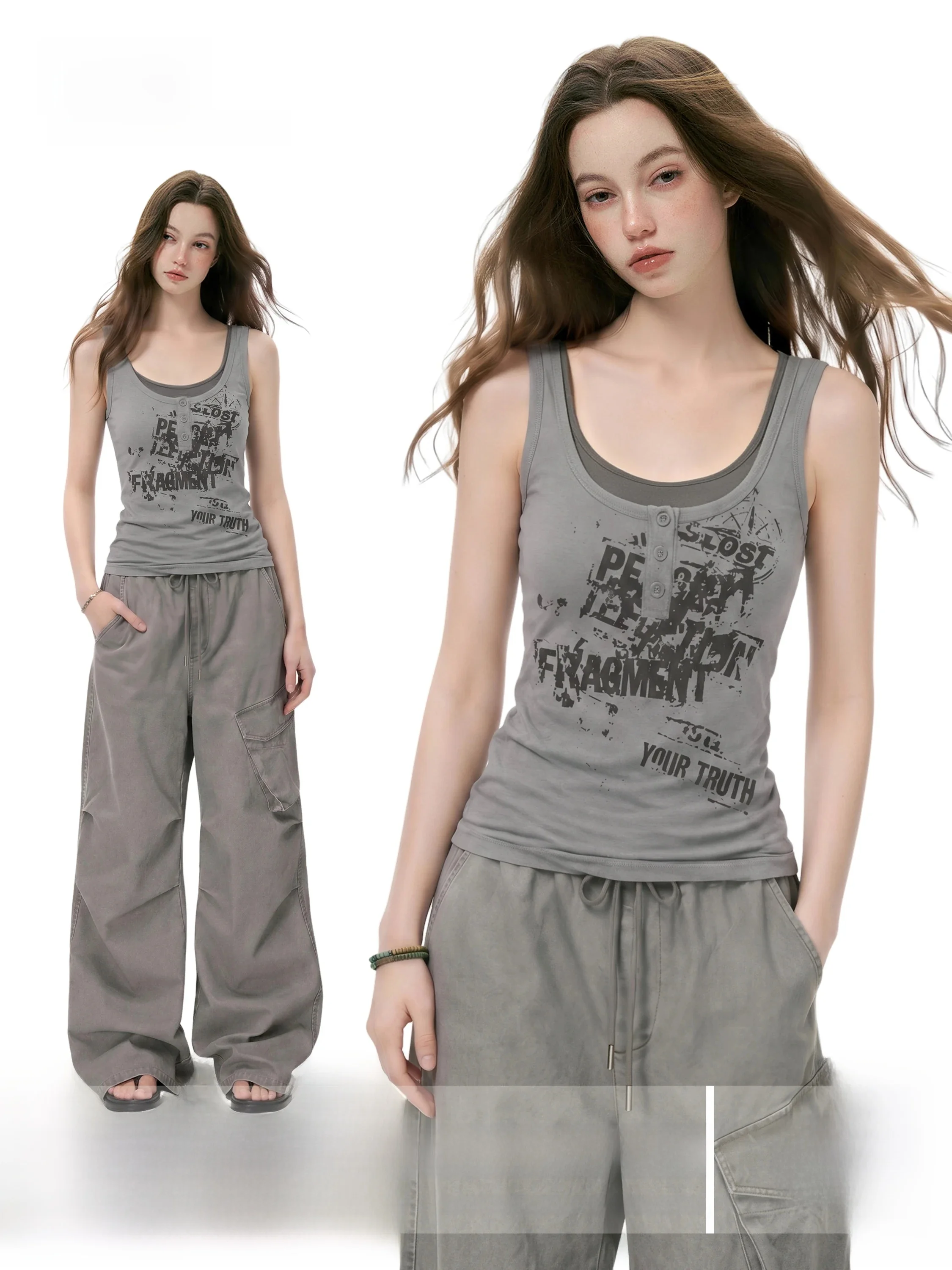 Gray Hot Girl Fake Two-Piece U-Neck Strap Vest Women Summer Slim Fit Design Short Sleeveless Top Commute Style Casual Wear