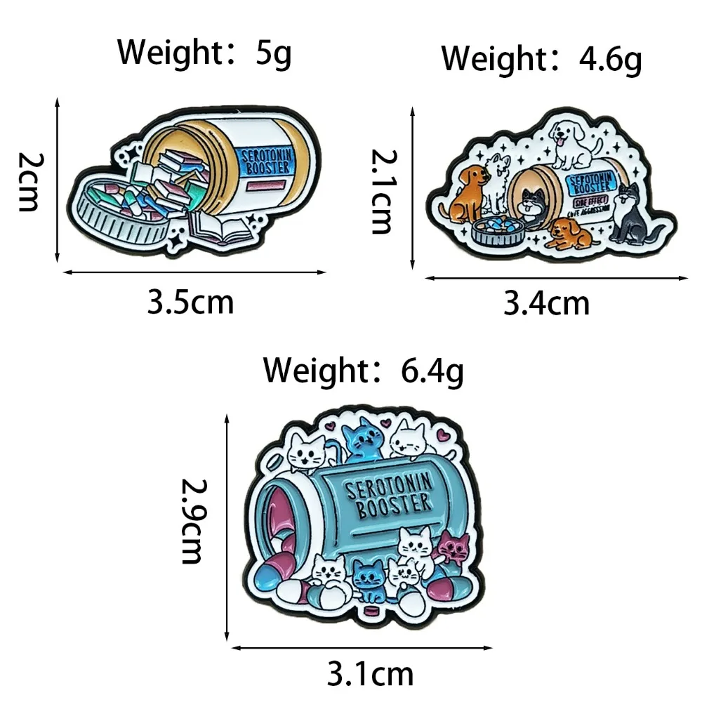 Serotonin Booster Pill Bottle Enamel Pins Cute Cat Dog Cartoon Lapel Pin Badge Mental Health Quote Brooch Backpack Jacket Decor