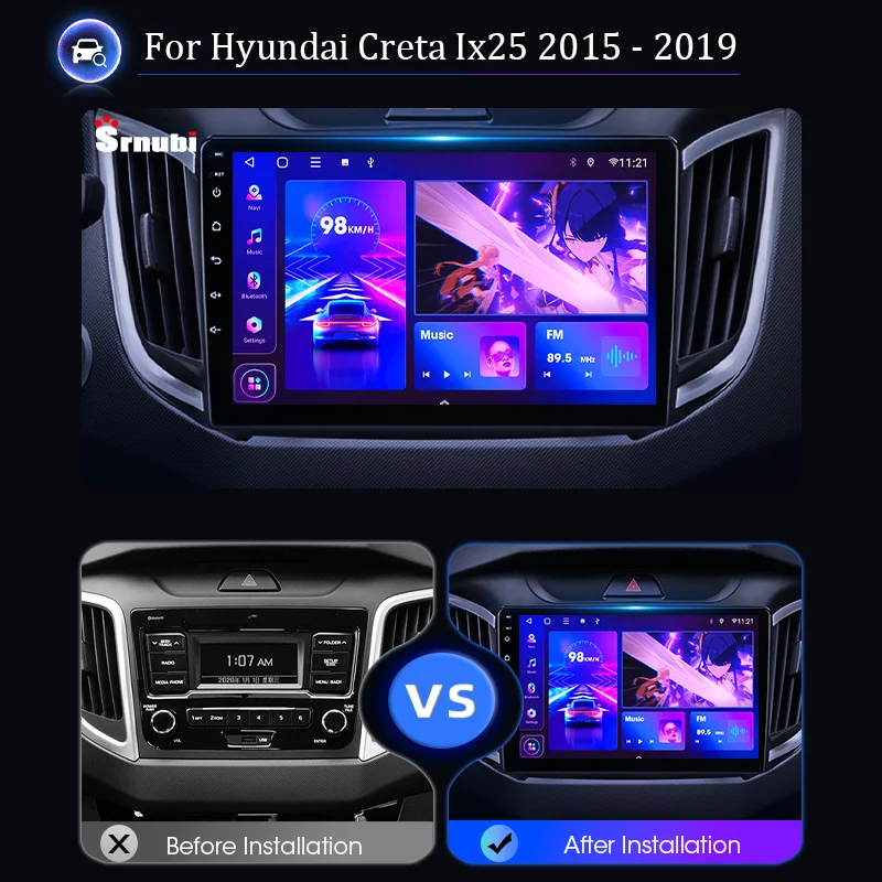 Srnubi Android 11 Car Radio for Hyundai Creta IX25 2015-2019 Multimedia Player 2 Din Carplay Stereo Navigation GPS DVD Head Unit