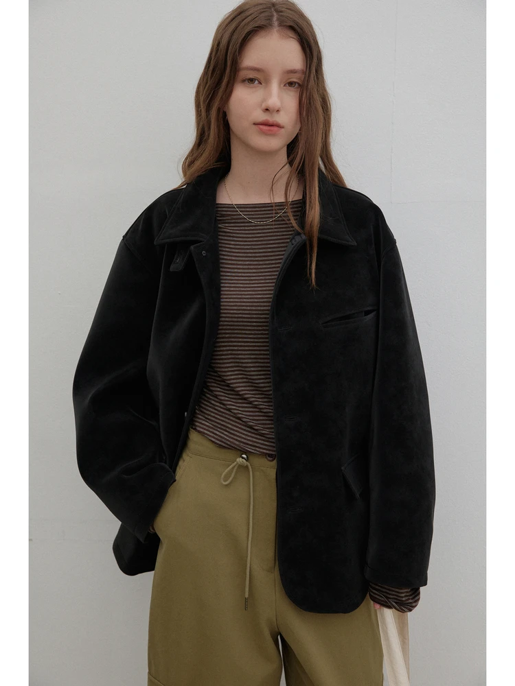 

Loose Velvet Leather Jacket Single Button Notch Collar Long Sleeve Straight Tube Synthetic Fabric Coat for Young Women