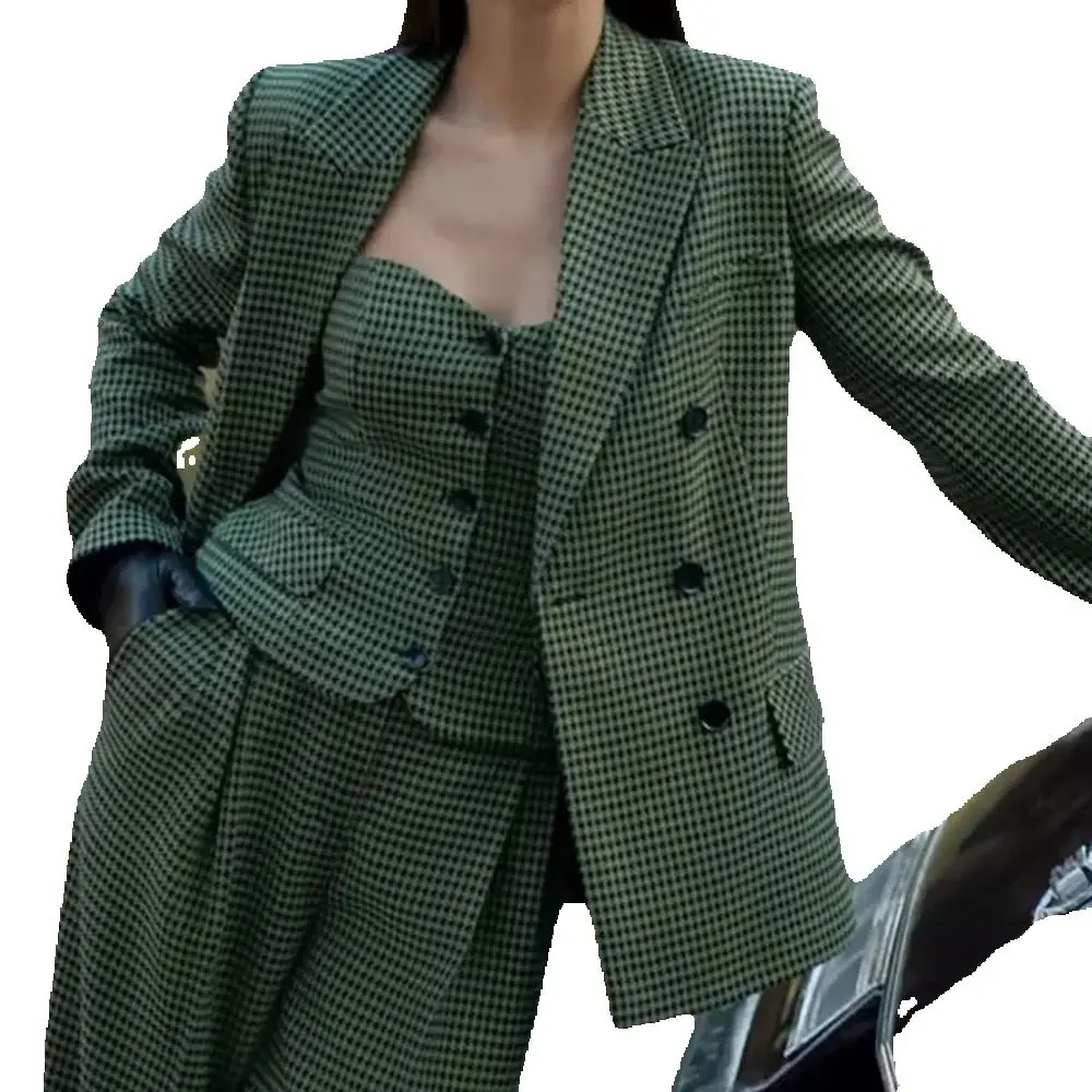 Elegant Houndstooth Women Suits 3 Pieces (Jacket+Pants+Vest) Double-breasted Peaked Lapel Formal Casual Office Lady Set