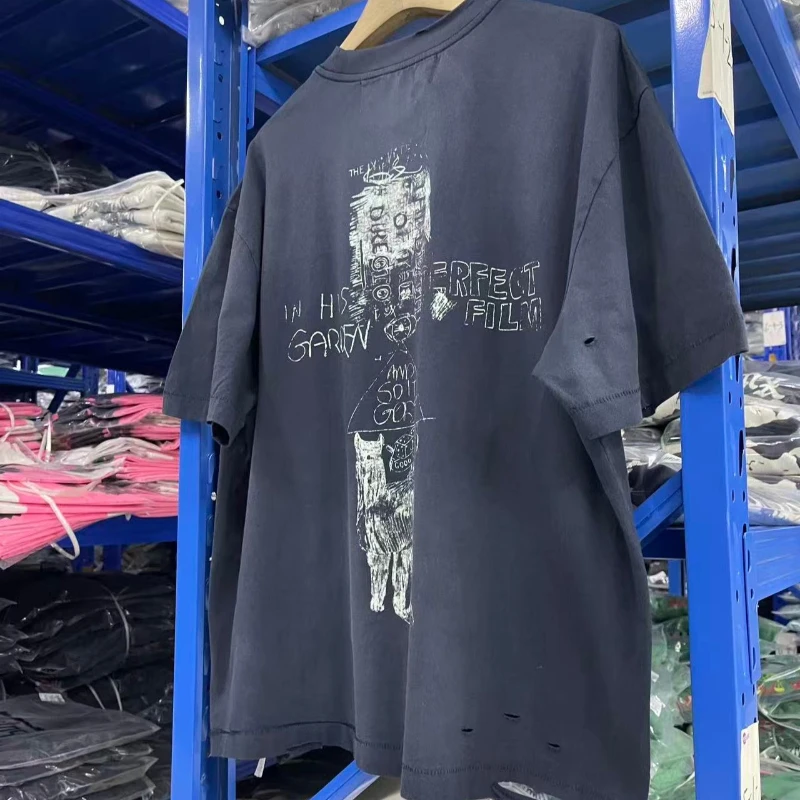 26ss Paly Hollywood Tshirts Graffiti Letter Figure Printed Round Neck Washed Retro Short-sleeved T-shirt