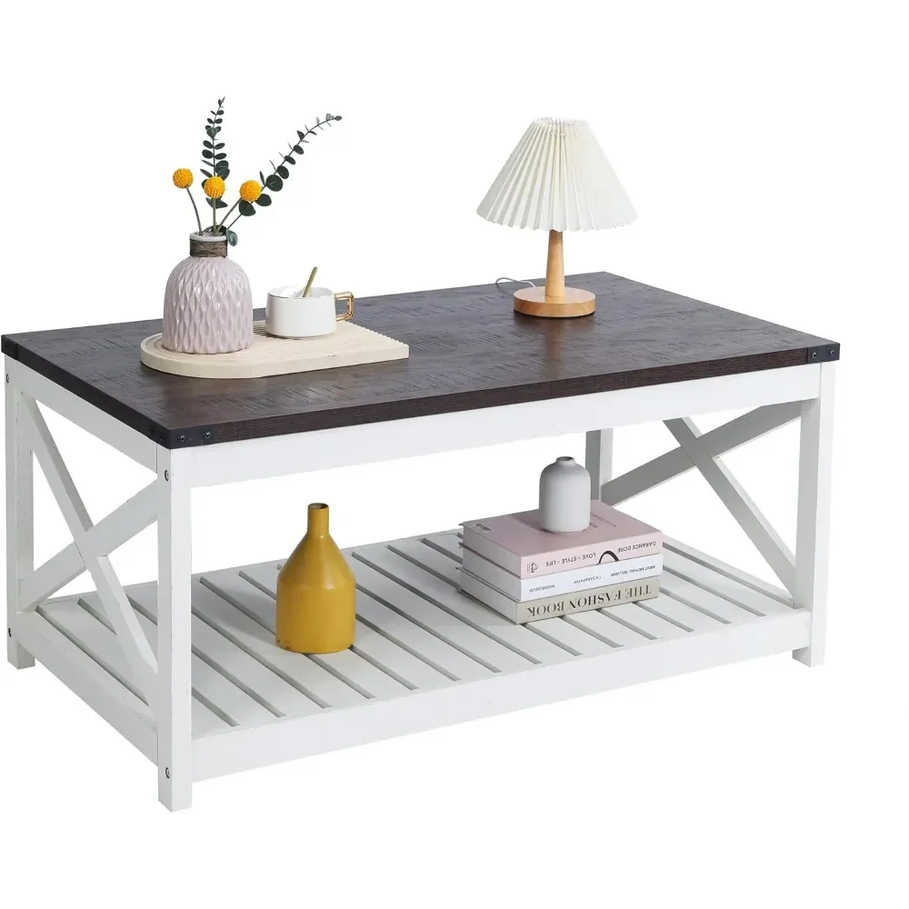 Mesa de centro Farmhouse com prateleira de ripas e proteção de canto, 40 polegadas, branco vintage/espresso