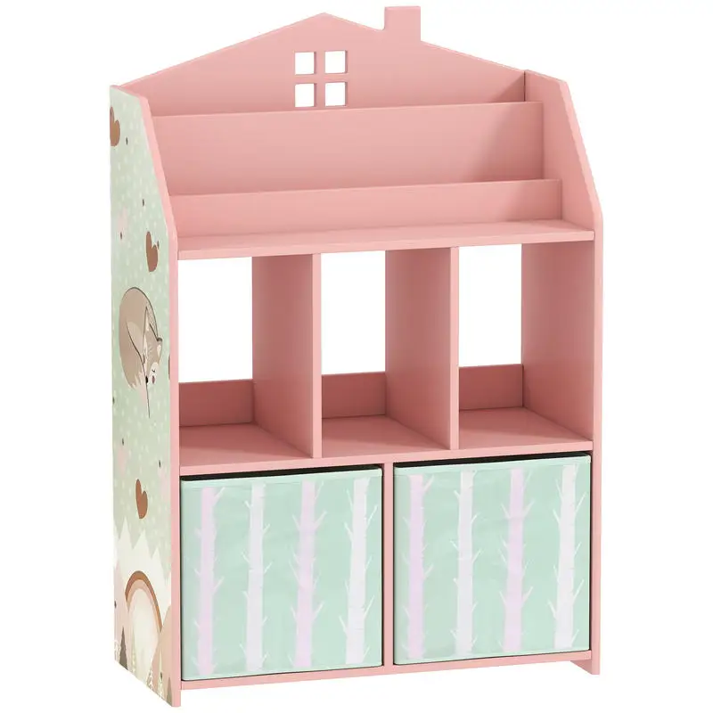 

Bookshelf with Storage, Toy Storage Unit with Book Display, Shelves and Fabric Drawers, Pink