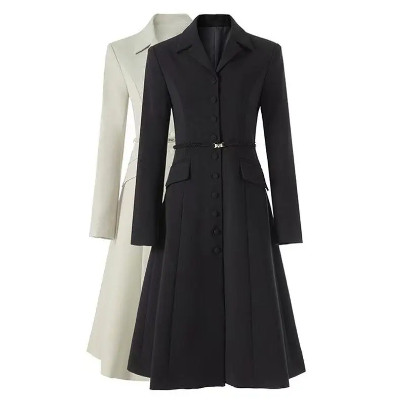 

Elegant Long Coat Autumn Winter New Style Single Button Suit Collar Waist Belt Inward Commuting Coat Women's Fashion