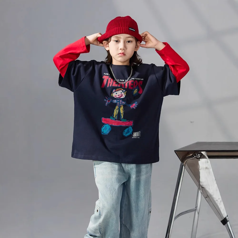 

2025 New Boys Fake Two Long Sleeve T-Shirts Autumn Base Shirt Cartoon Print Big Boy Autumn Sweatshirt