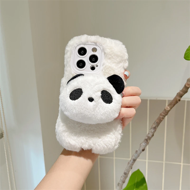 Coque de téléphone en peluche Panda 3D, étui pour iPhone 16 Plus 15 Pro Max 14 13 12 11, fourrure chaude, couverture de dessin animé mignon Kawaii