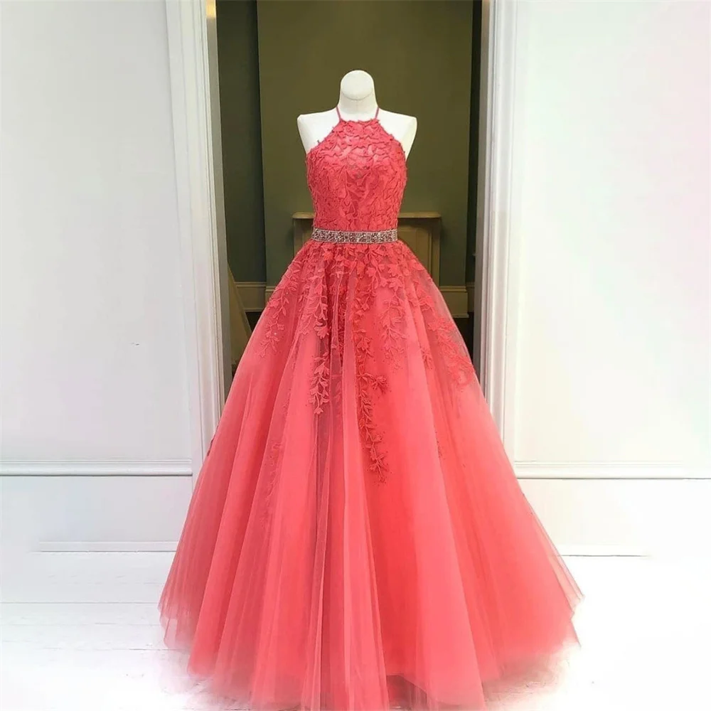 

Lily Halter Neck Special Occasion Dresses Red Lace Formal Gown Long A-Line Evening Dresses with Floor Length vestidos de fiesta