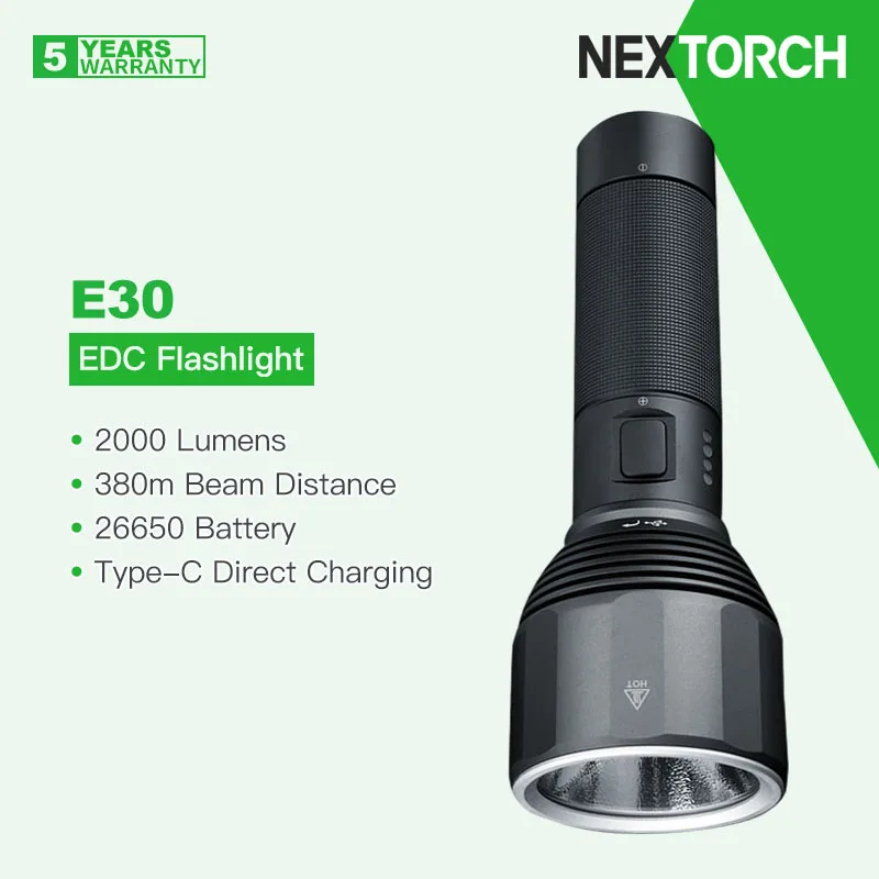 Nextorch E30 LED Flashlight with 26650 Battery, 2000 Lumens 380m Beam Distance, Type-C Direct Rechargeable, Turbo/SOS Modes, EDC