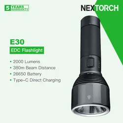 Nextorch E30 LED Flashlight with 26650 Battery, 2000 Lumens 380m Beam Distance, Type-C Direct Rechargeable, Turbo/SOS Modes, EDC