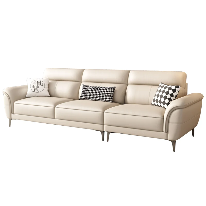 

Cream wind first layer cowhide sofa living room 5 new three-person straight row one-character small apartment tall feet